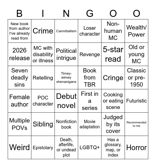 Giselle's 2026 Book Bingo Card