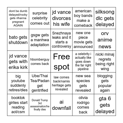 2026 Predictions Bingo Card