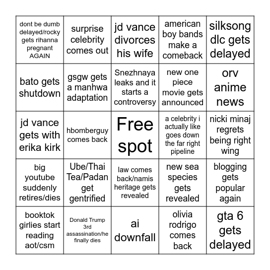 2026 Predictions Bingo Card