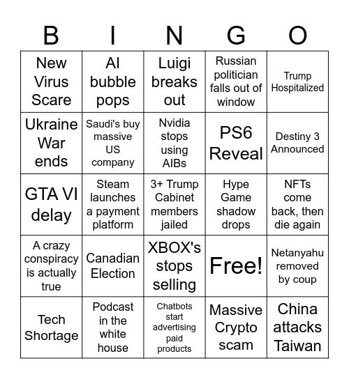 2026 Predictions Bingo Card