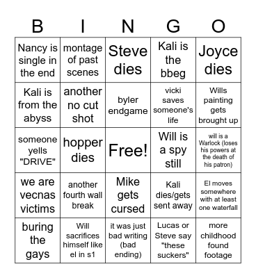 Stranger Things finale Bingo Card