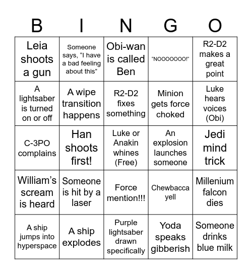 Star Wars NY Bingo Card