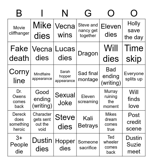 Stranger Things Bingo Card
