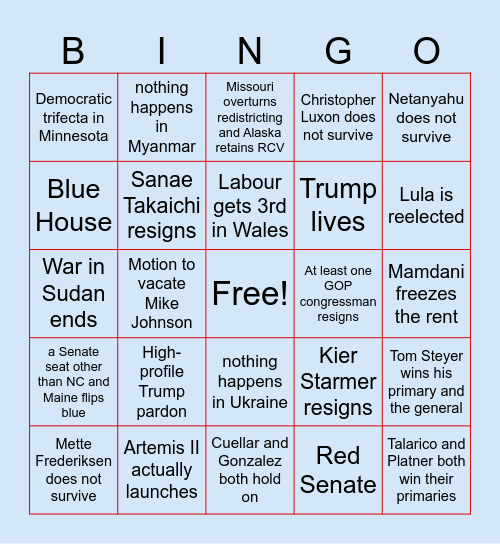 Raya's 2026 Bingo Card