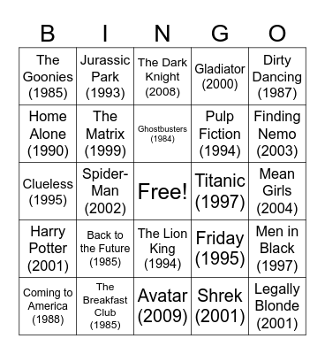 80s, 90s, & 2000s Movies Bingo Card