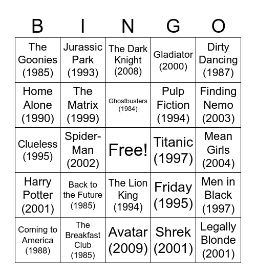 80s, 90s, & 2000s Movies Bingo Card