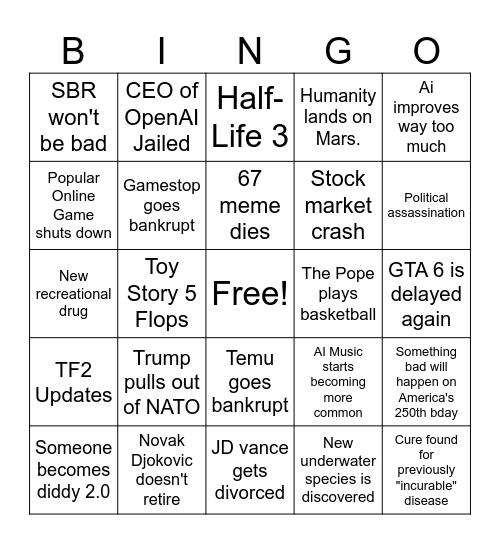 2026 Prediction Bingo Card Bingo Card