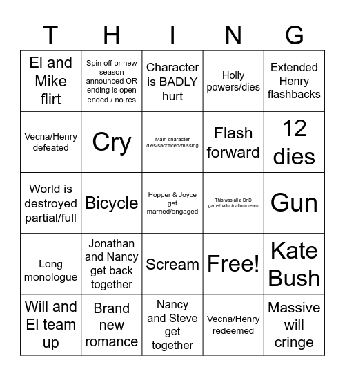 Final Stranger Thingo Bingo Card