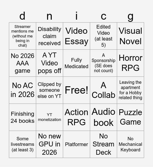Ichi's 2026 Bingo Card