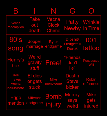STRANGER THINGS Bingo Card