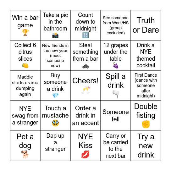NYE Bingo Card
