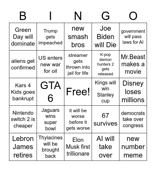 2026 Predictions Bingo Card