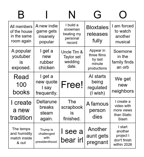 2026 Bingo Card Bingo Card