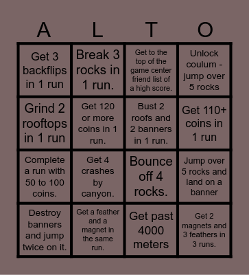 Alto’s adventure bingo Card