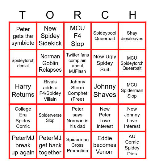 Web of Spideytorch 2026 Bingo Card