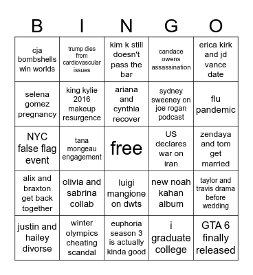 2026 Predictions Bingo Card