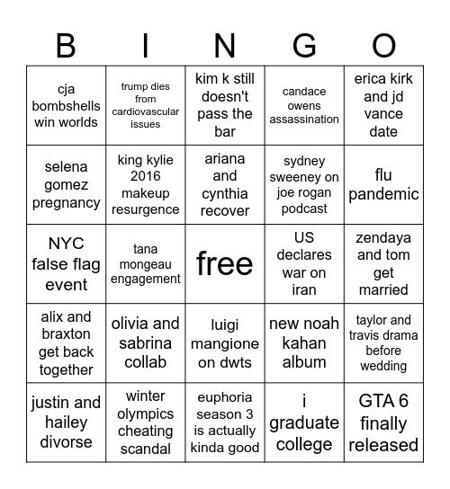 2026 Predictions Bingo Card