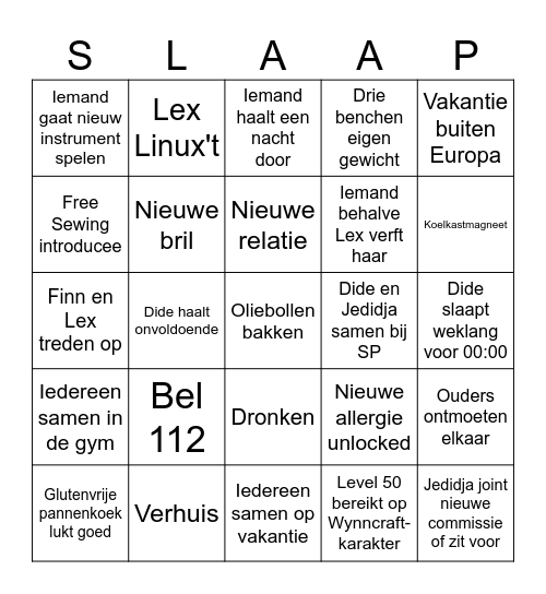 Team Slaap 2026 Bingo Card