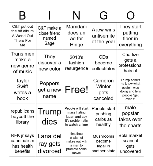 Charlize's 2026 Bingo card Bingo Card