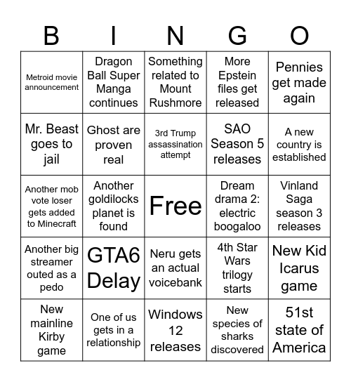 2026 Bingo Card Bingo Card