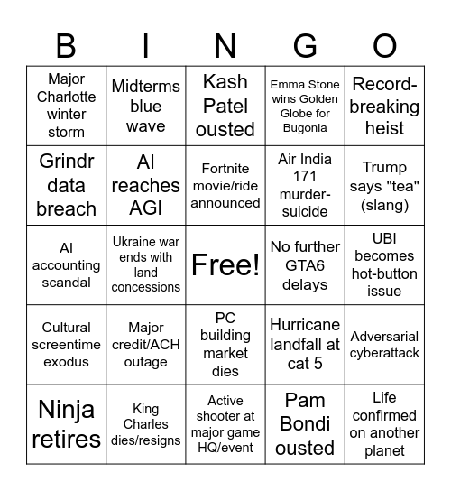 Dan's 2026 bingo card Bingo Card