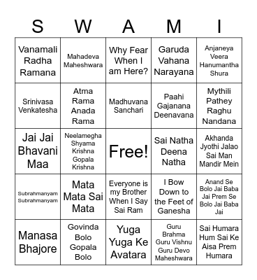 New Years Bhajan Game LWSC Bingo Card
