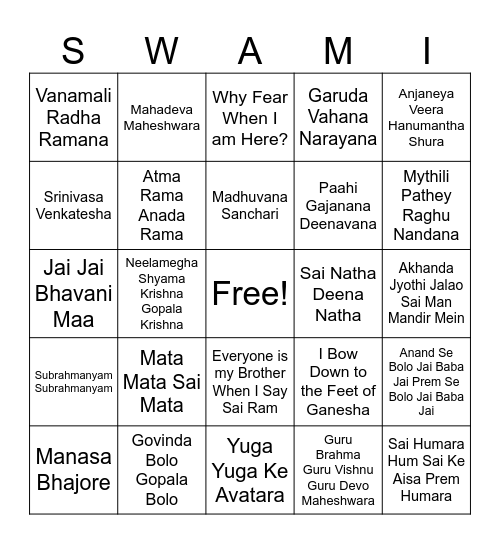 New Years Bhajan Game LWSC Bingo Card