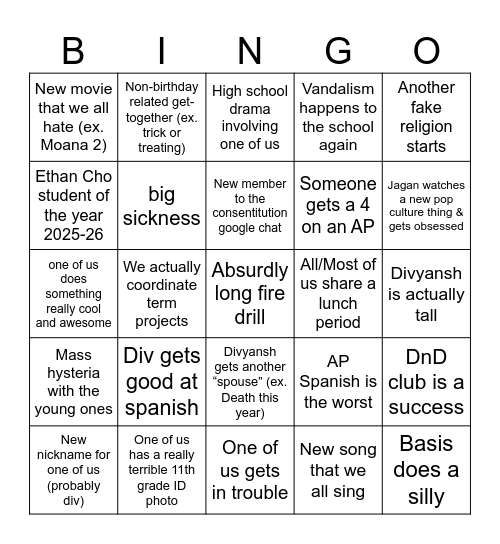 2026 Stuff happening Bingo Card