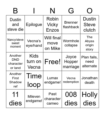 Stranger Finale Bingo Card
