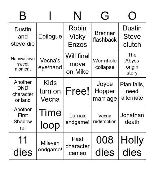 Stranger Finale Bingo Card