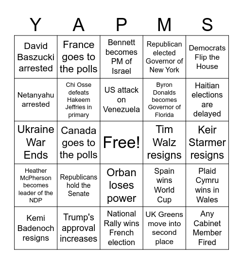 2026 Political Predictions + Other Stuff Bingo Card