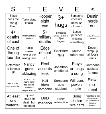 Stranger Things Finale Bingo Card
