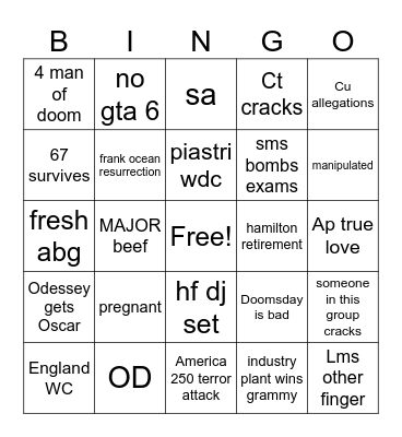 predictions 2026 Bingo Card