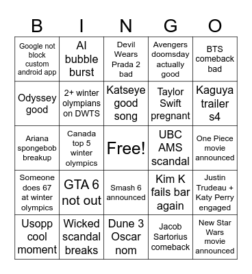 2026 Predictions Bingo Card