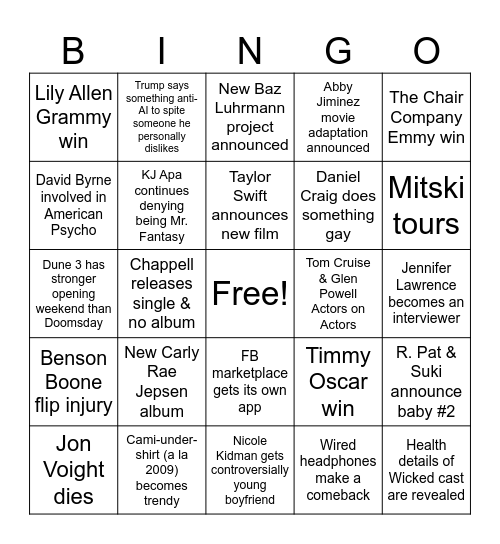 AK Pop Culture 2026 Bingo Card