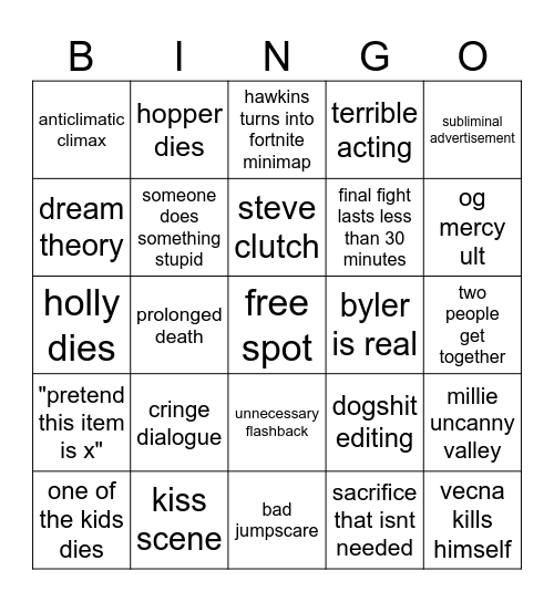 thig stranger board Bingo Card