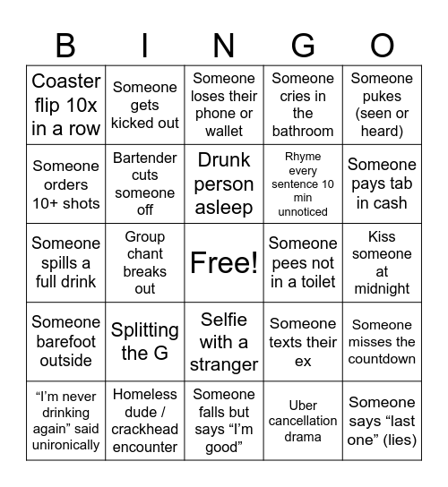 New Years Eve Bingo Card