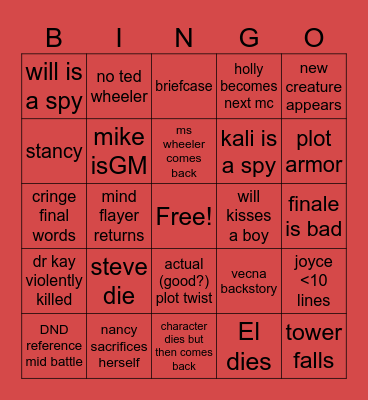 stranger things finale Bingo Card