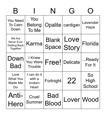 Taylor Swift Bingo Card