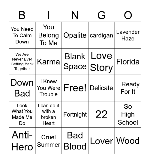 Taylor Swift Bingo Card