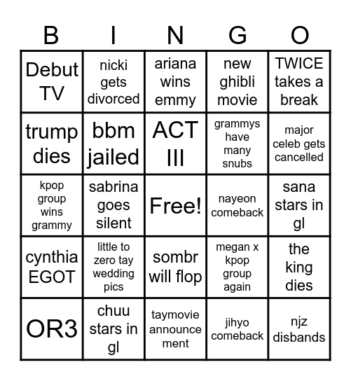 2026 Bingo Card Bingo Card