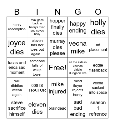 STRANGER THINGS Bingo Card