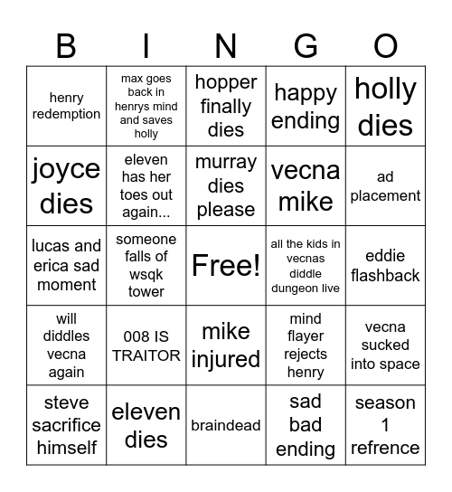 STRANGER THINGS Bingo Card