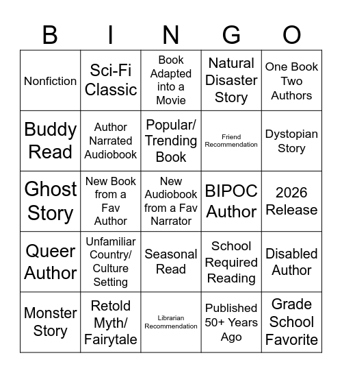 2026 Reading Bingo Card
