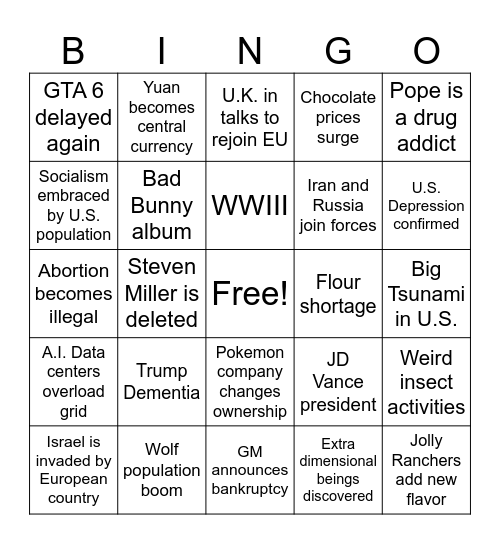 2026 Bingo Card Bingo Card