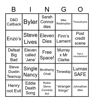 Stranger Things Finale Bingo Card