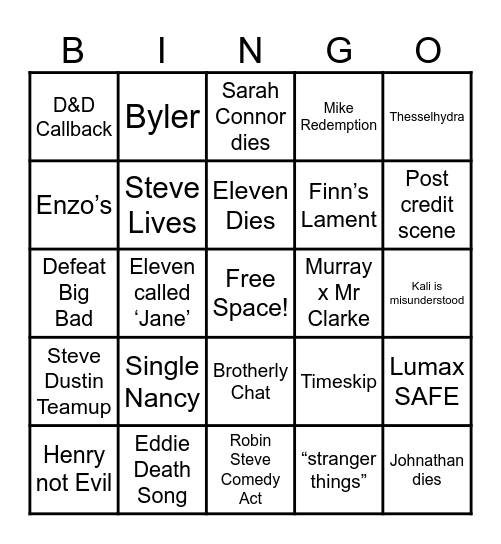 Stranger Things Finale Bingo Card