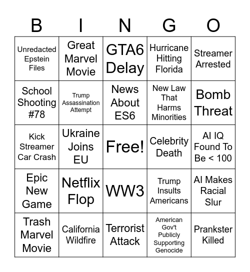 2026 Bingo Card Bingo Card