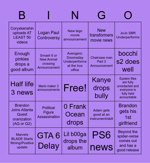2026 Bingo Card Bingo Card