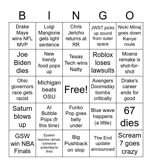 2026 Bingo Card Bingo Card